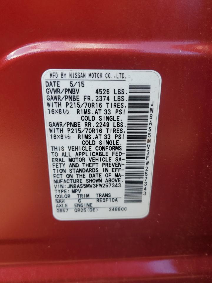 2015 Nissan Rogue Select S VIN: JN8AS5MV3FW257343 Lot: 92925685