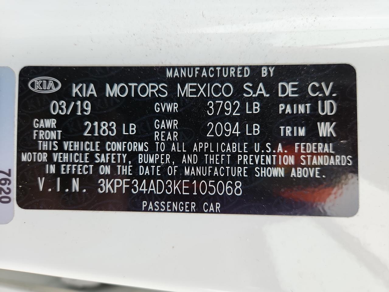 2019 Kia Forte Gt Line VIN: 3KPF34AD3KE105068 Lot: 93750415