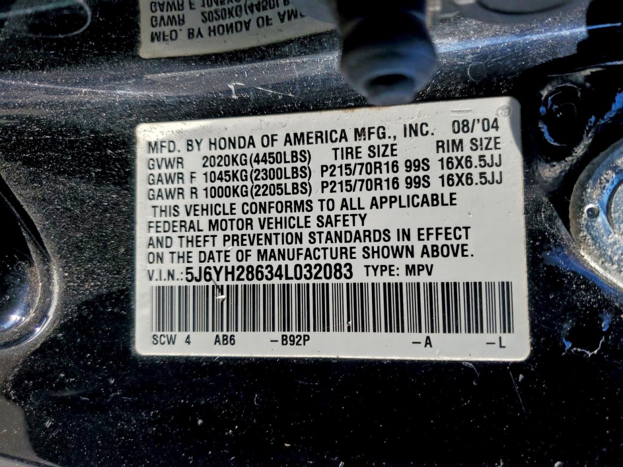 2004 Honda Element Ex VIN: 5J6YH28634L032083 Lot: 90494415