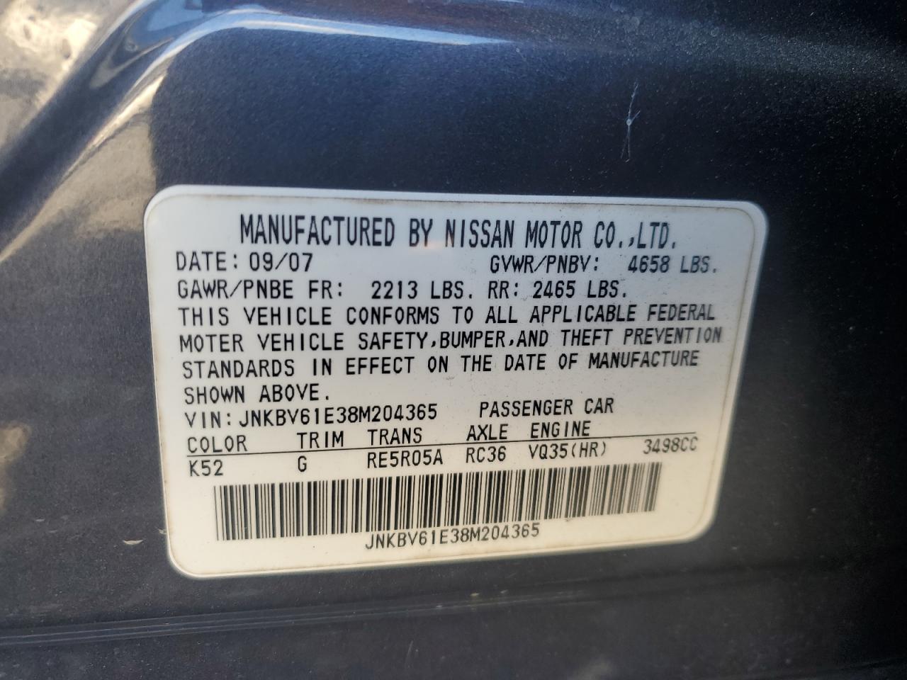 2008 Infiniti G35 VIN: JNKBV61E38M204365 Lot: 90607355