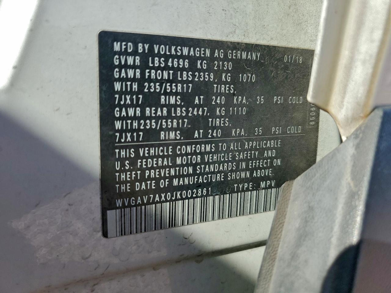 2018 Volkswagen Tiguan Limited VIN: WVGAV7AX0JK002861 Lot: 94149155