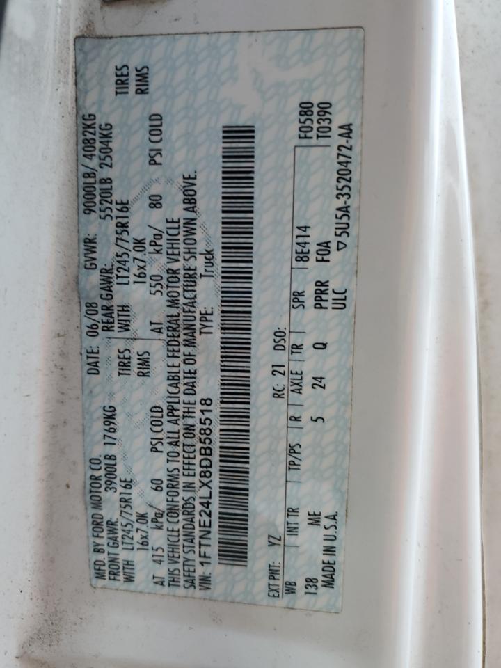 2008 Ford Econoline E250 Van VIN: 1FTNE24LX8DB58518 Lot: 93433895