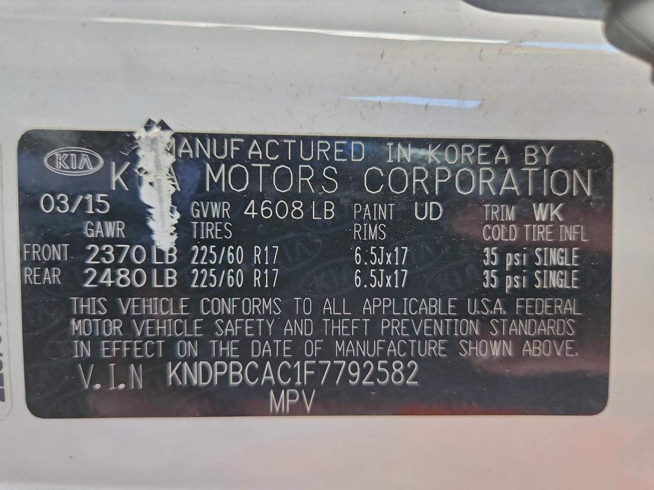 2015 Kia Sportage Lx VIN: KNDPBCAC1F7792582 Lot: 94245645