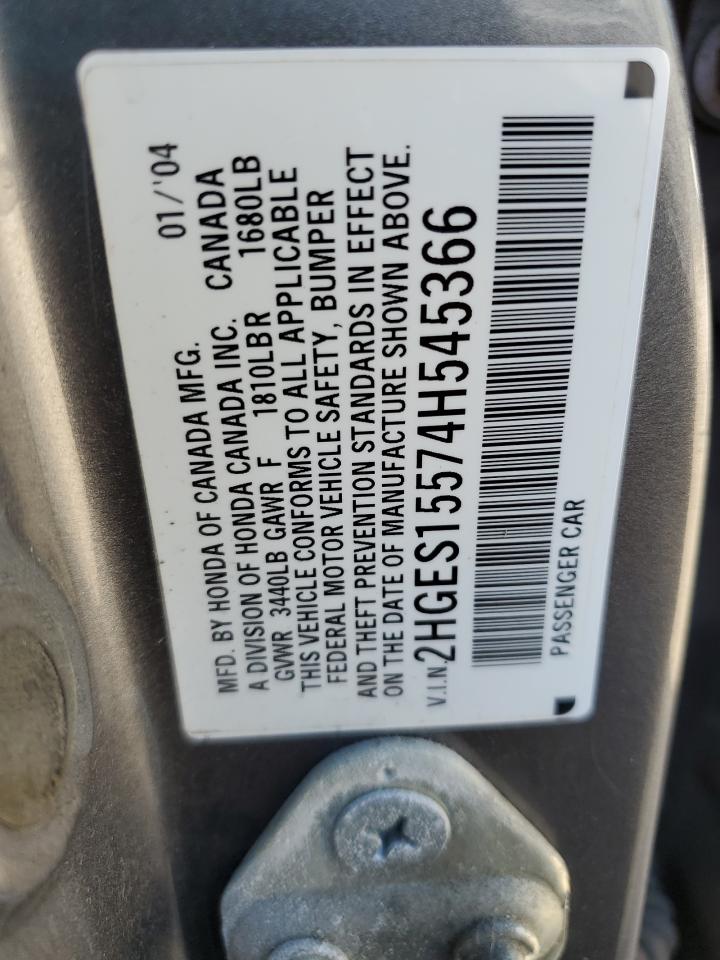2004 Honda Civic Lx VIN: 2HGES15574H545366 Lot: 92347525