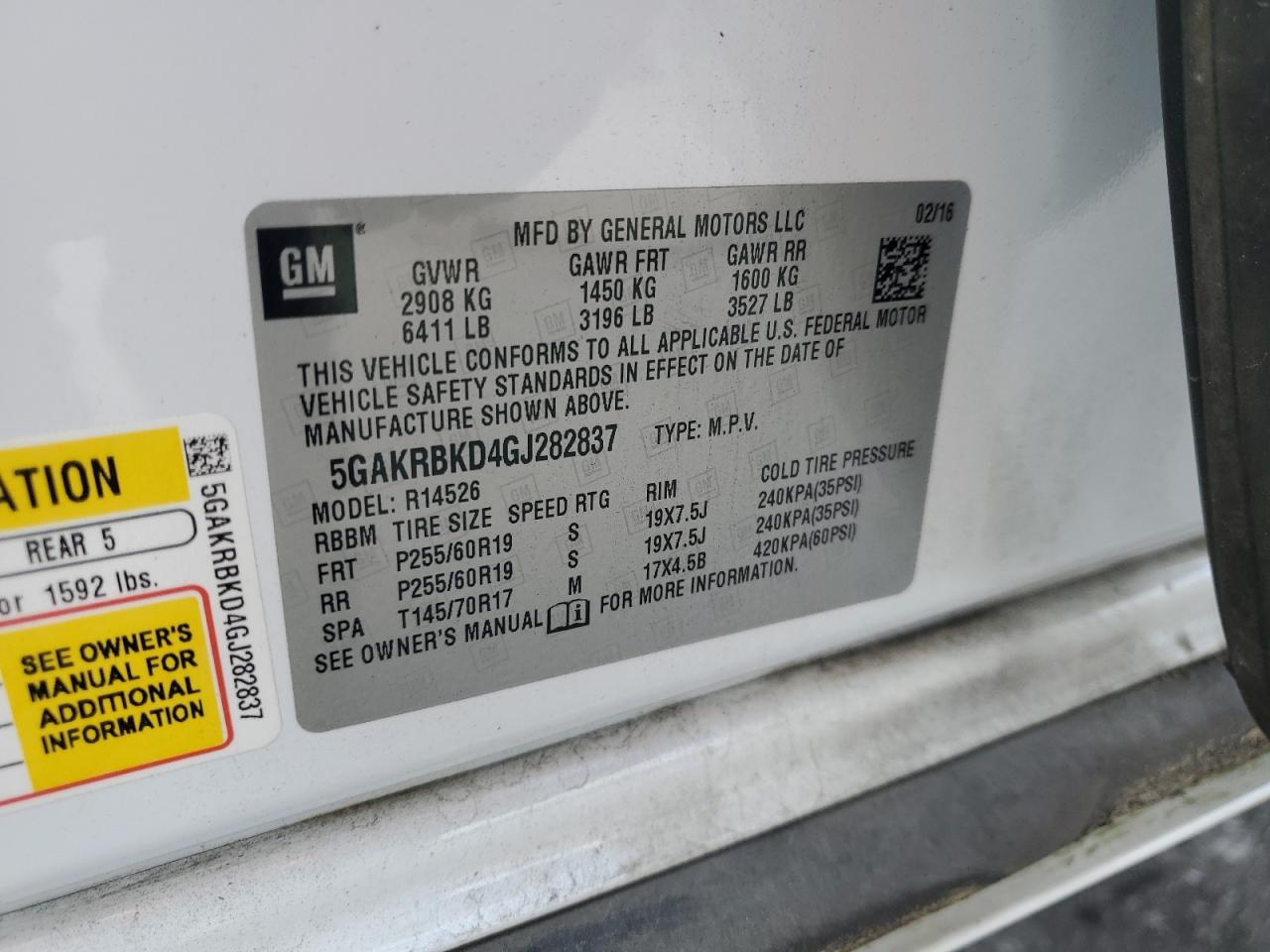 2016 Buick Enclave VIN: 5GAKRBKD4GJ282837 Lot: 93643005