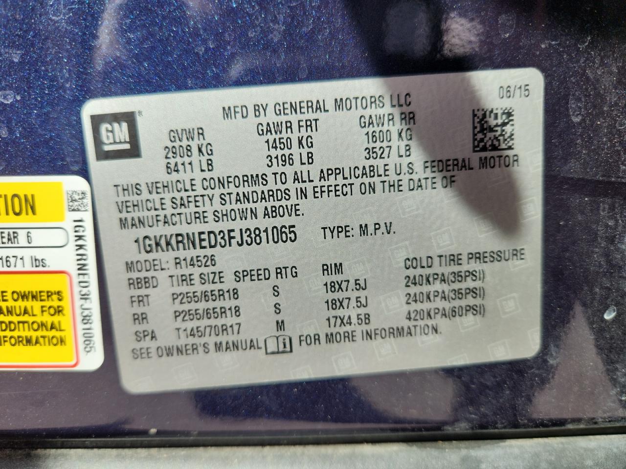 2015 GMC Acadia Sle VIN: 1GKKRNED3FJ381065 Lot: 92282355