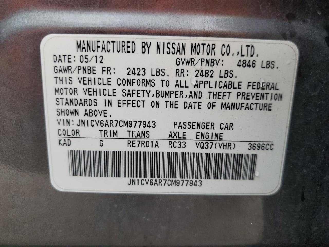 2012 Infiniti G37 VIN: JN1CV6AR7CM977943 Lot: 91594075