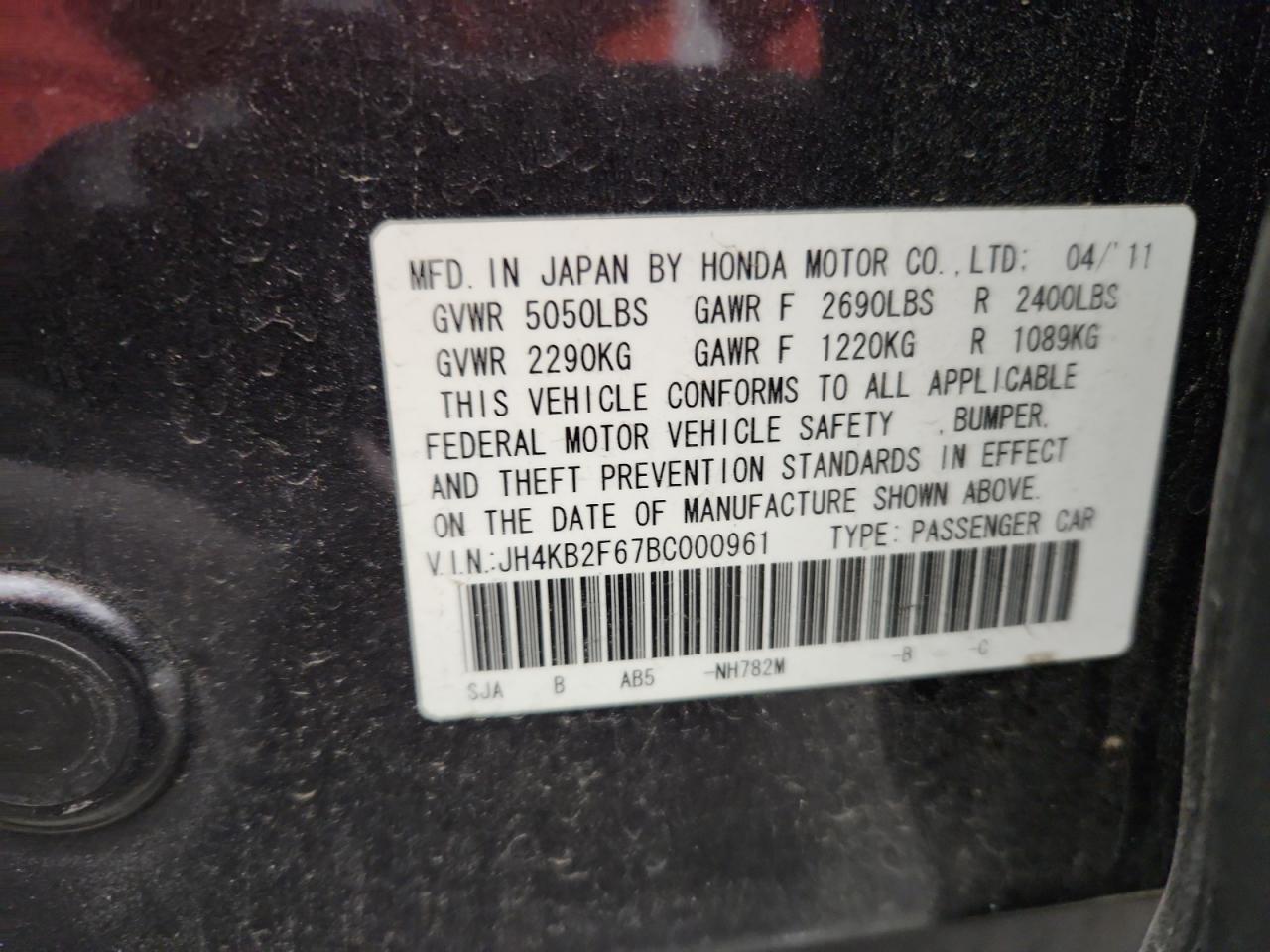 2011 Acura Rl VIN: JH4KB2F67BC000961 Lot: 91590735