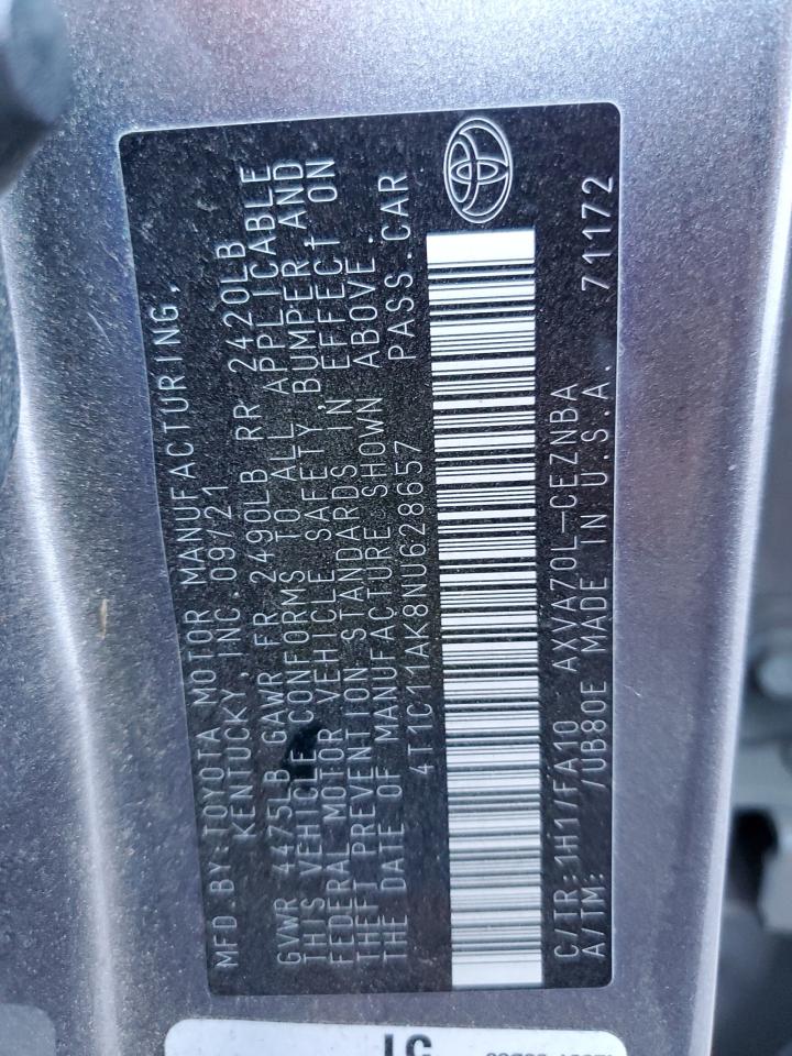 2022 Toyota Camry Le VIN: 4T1C11AK8NU628657 Lot: 89694785