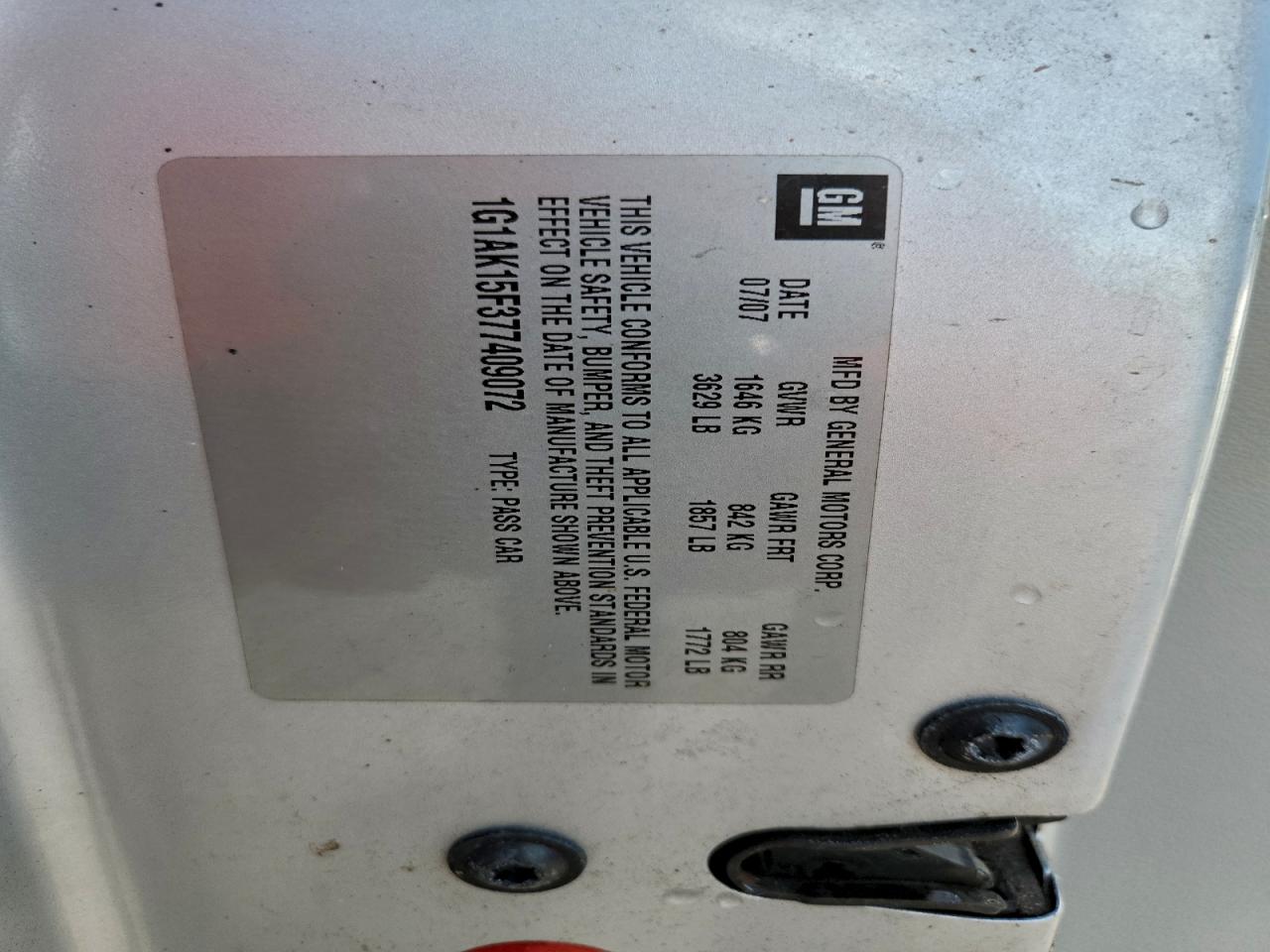 2007 Chevrolet Cobalt Ls VIN: 1G1AK15F377409072 Lot: 94327115