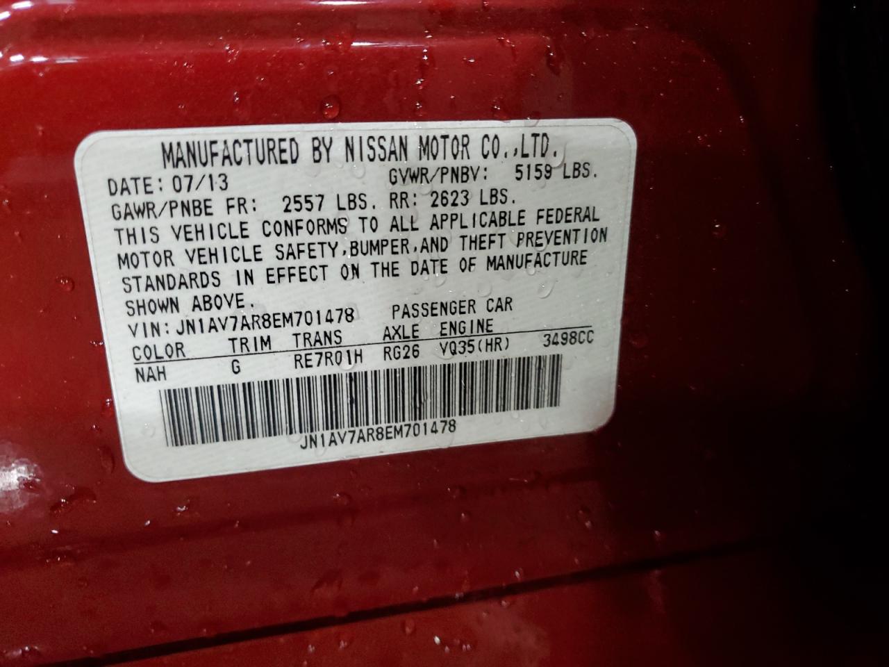 2014 Infiniti Q50 Hybrid Premium VIN: JN1AV7AR8EM701478 Lot: 92902685