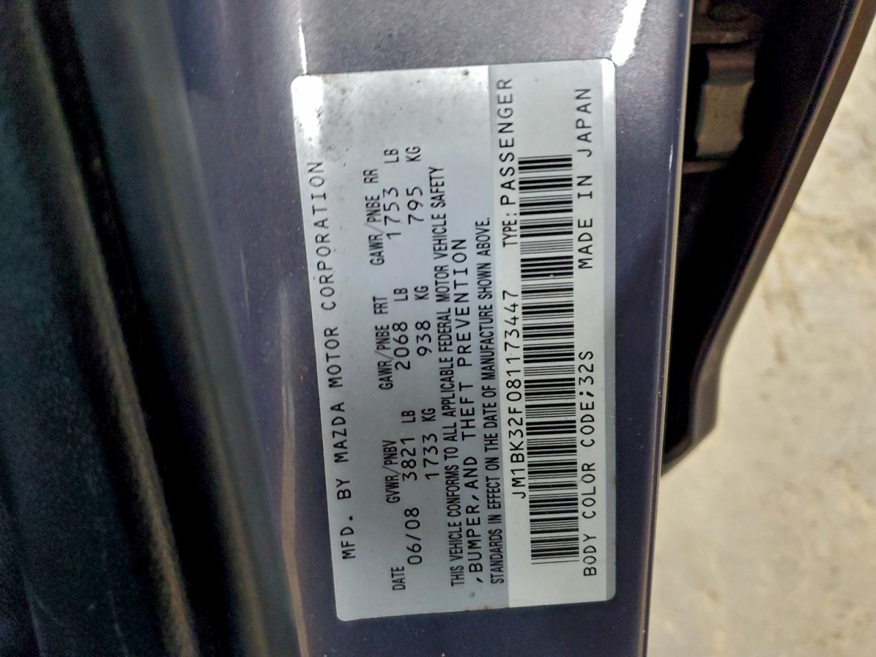 2008 Mazda 3 I VIN: JM1BK32F081173447 Lot: 94172295