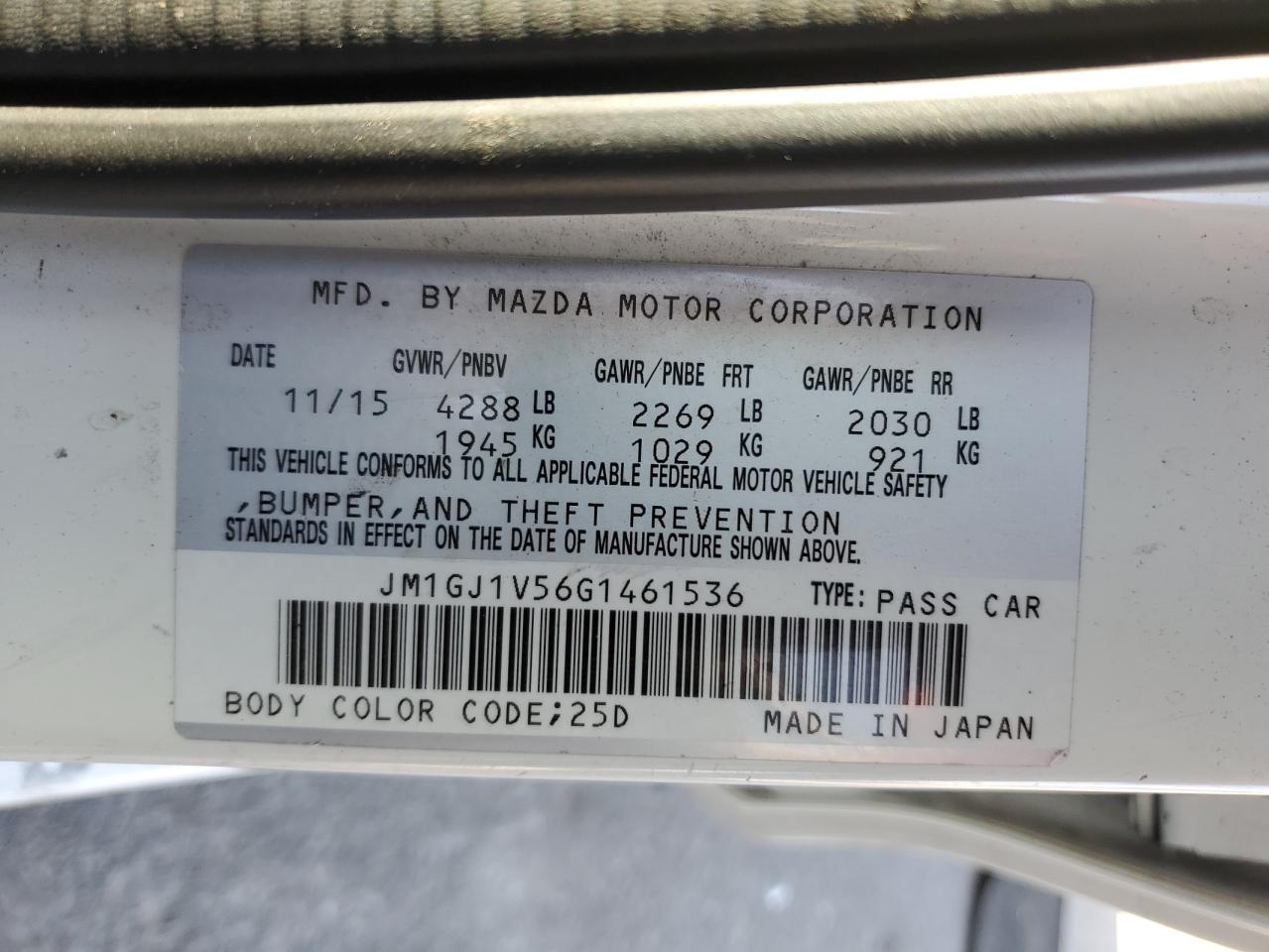 2016 Mazda 6 Touring VIN: JM1GJ1V56G1461536 Lot: 91703735