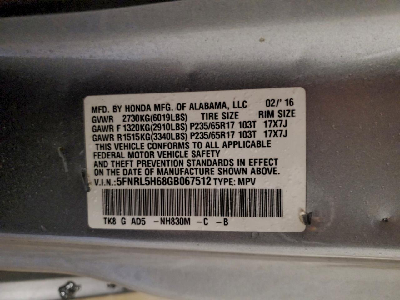 2016 Honda Odyssey Exl VIN: 5FNRL5H68GB067512 Lot: 92874115