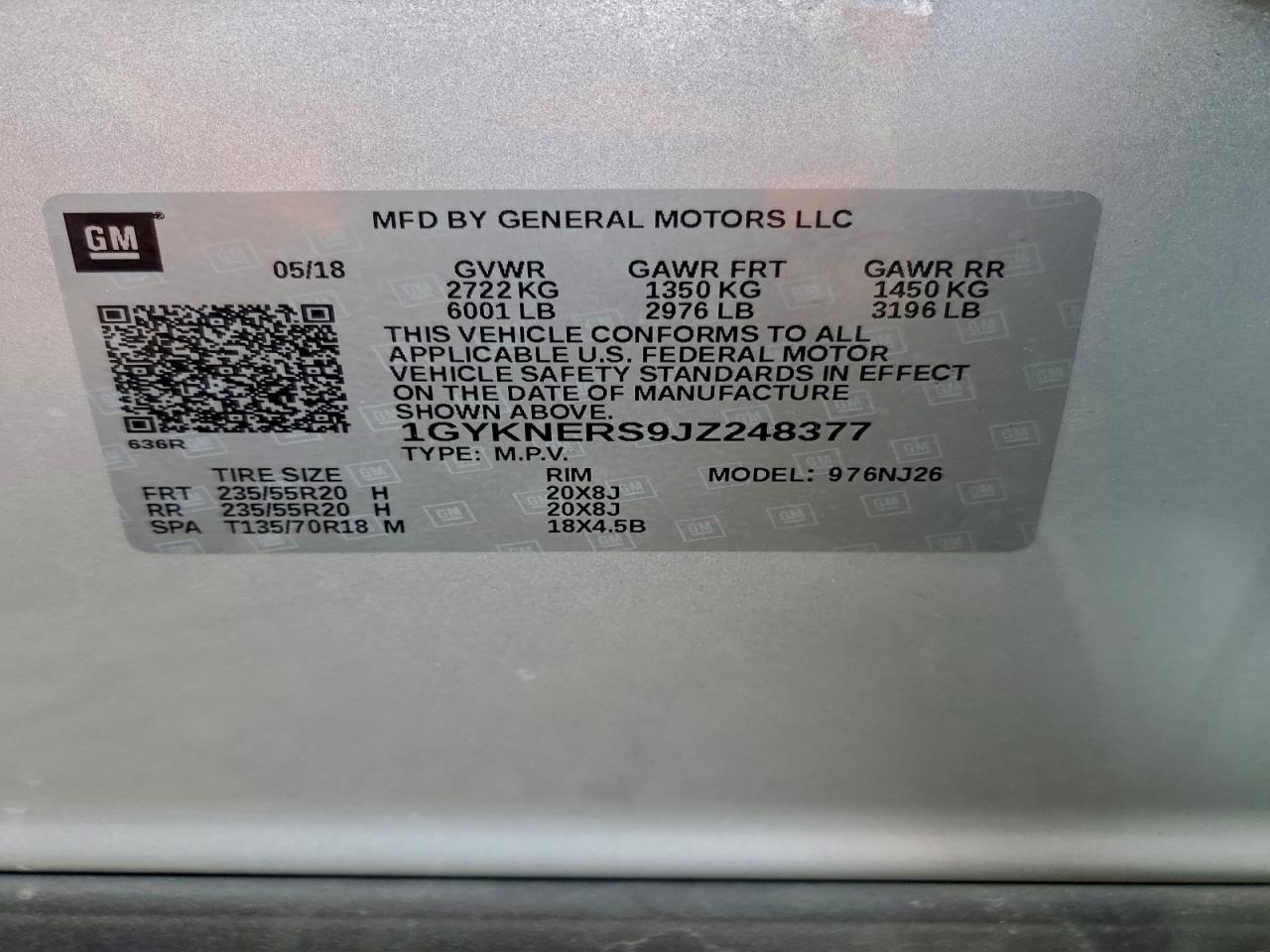 2018 Cadillac Xt5 Premium Luxury VIN: 1GYKNERS9JZ248377 Lot: 94344525