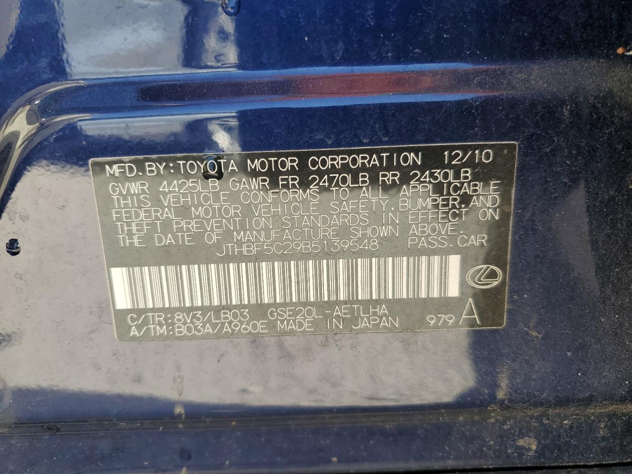 2011 Lexus Is 250 VIN: JTHBF5C29B5139548 Lot: 91029975