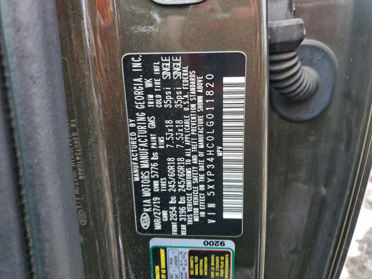 2020 Kia Telluride Ex VIN: 5XYP34HC0LG011820 Lot: 94566545