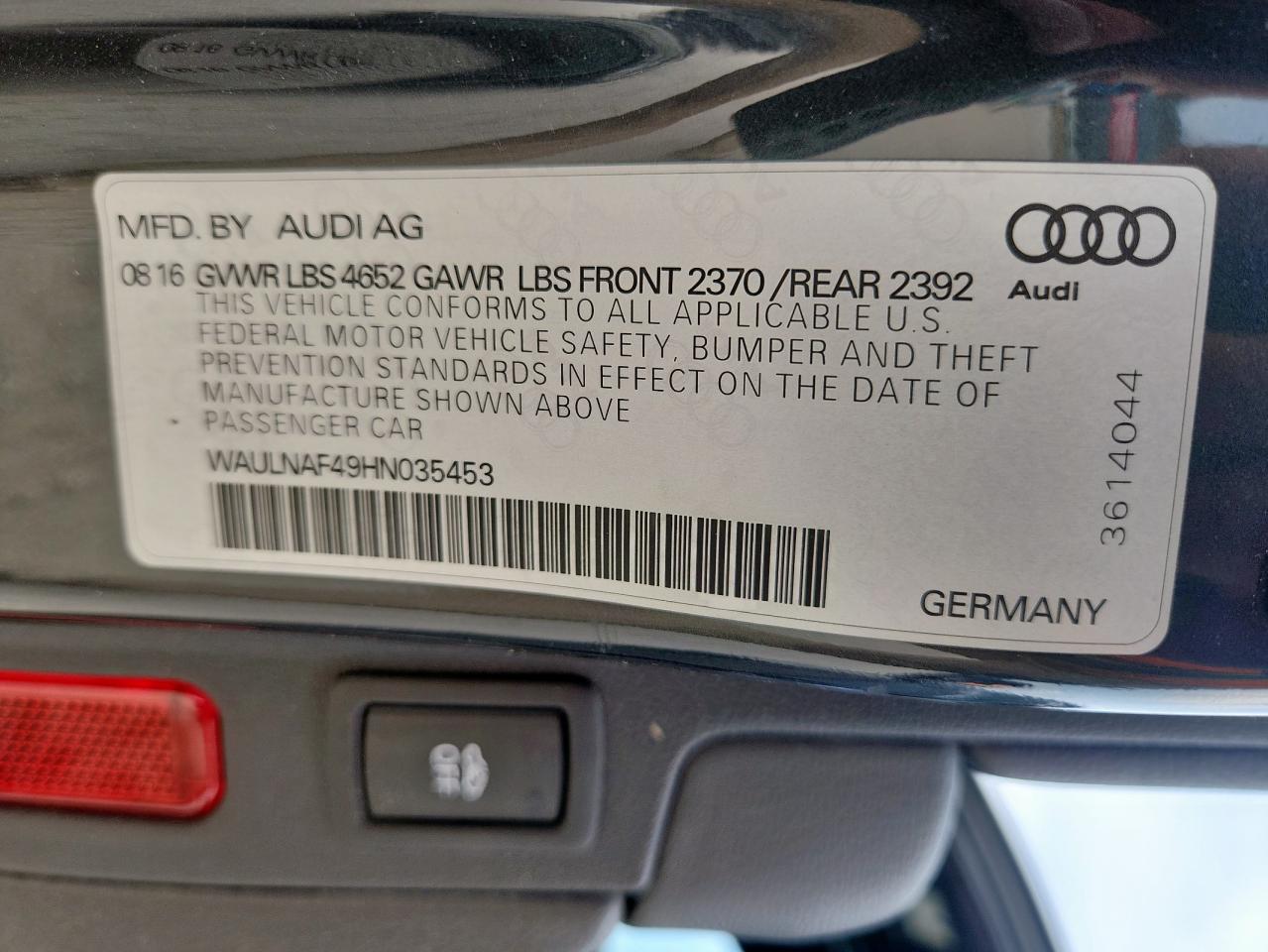 2017 Audi A4 Premium Plus VIN: WAULNAF49HN035453 Lot: 93297175