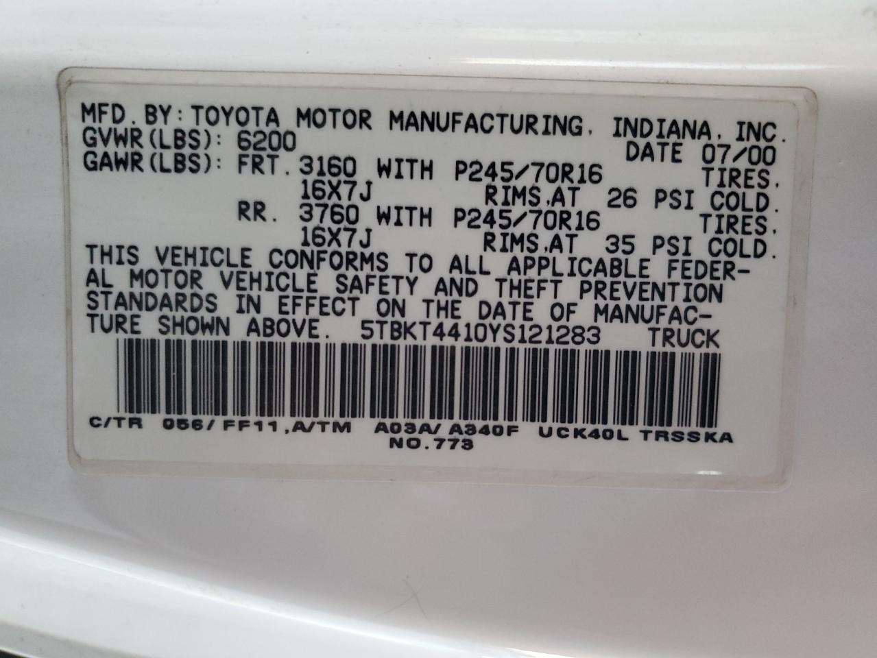 2000 Toyota Tundra Sr5 VIN: 5TBKT4410YS121283 Lot: 93870635