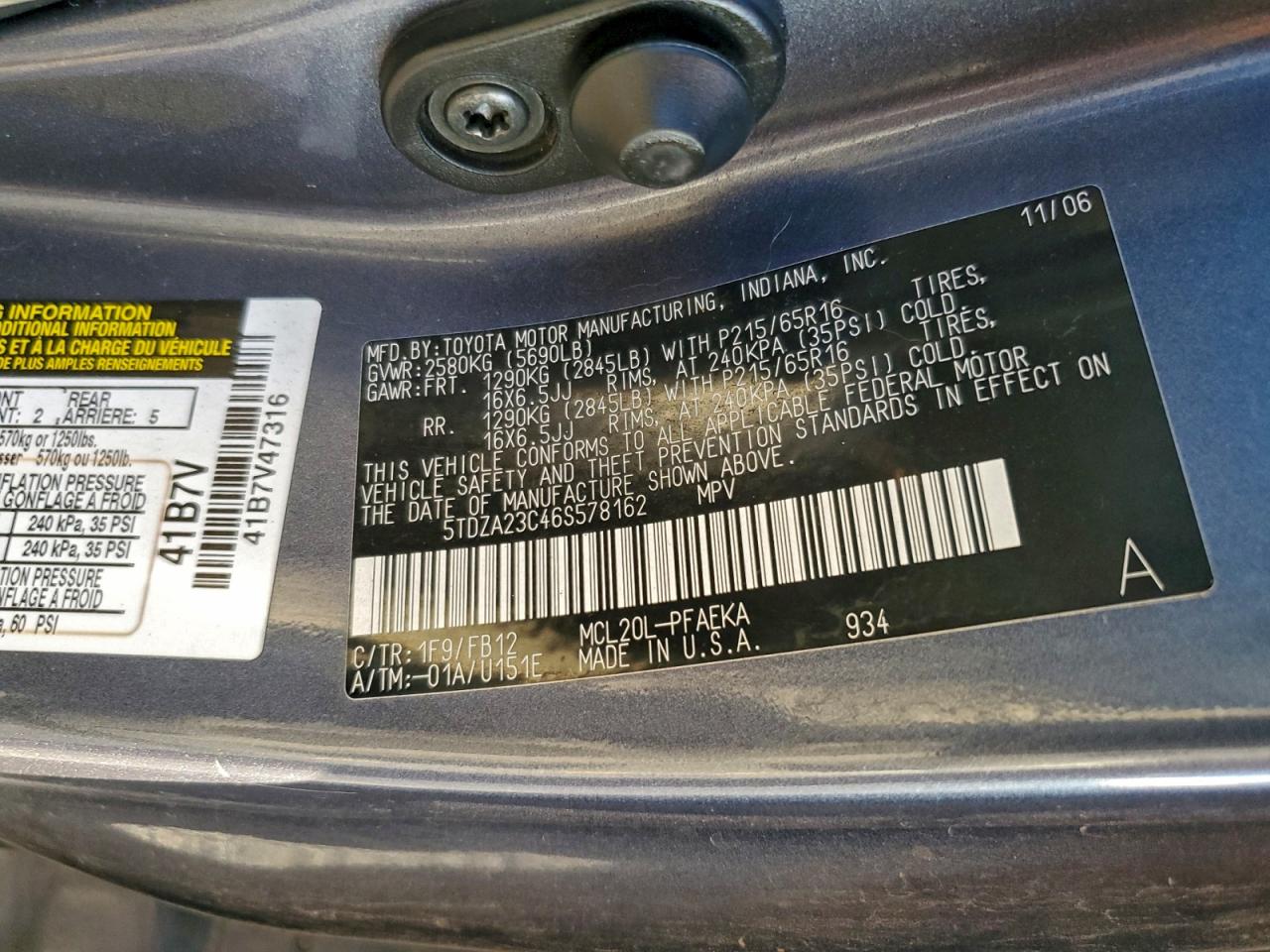 2006 Toyota Sienna Ce VIN: 5TDZA23C46S578162 Lot: 94404455