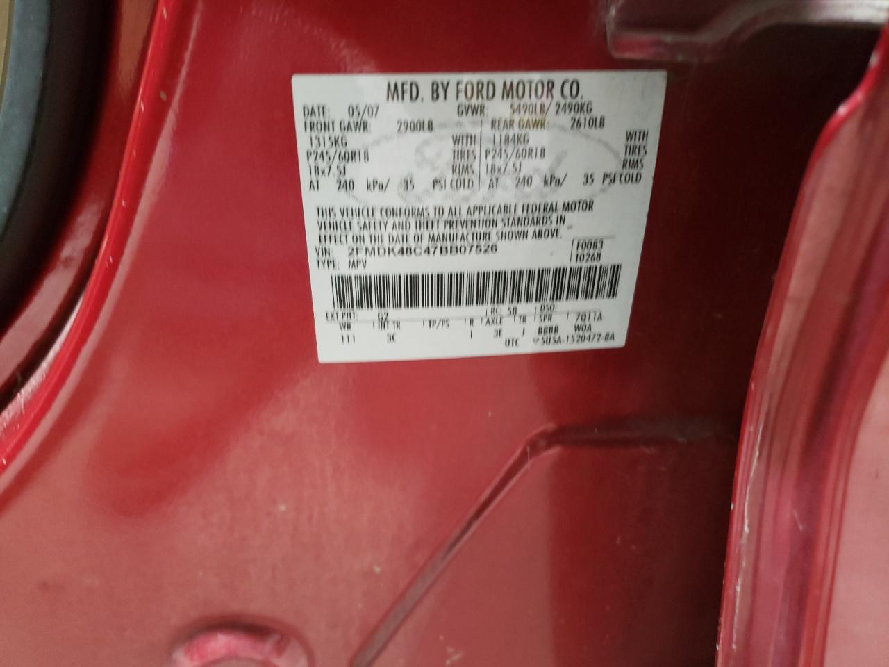 2007 Ford Edge Sel VIN: 2FMDK48C47BB07526 Lot: 93539805