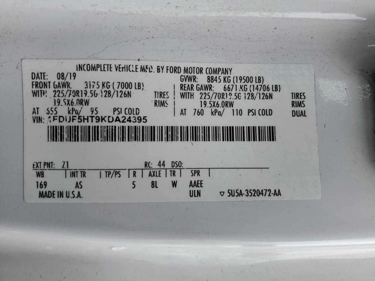 2019 Ford F550 Super Duty VIN: 1FDUF5HT9KDA24395 Lot: 91666945