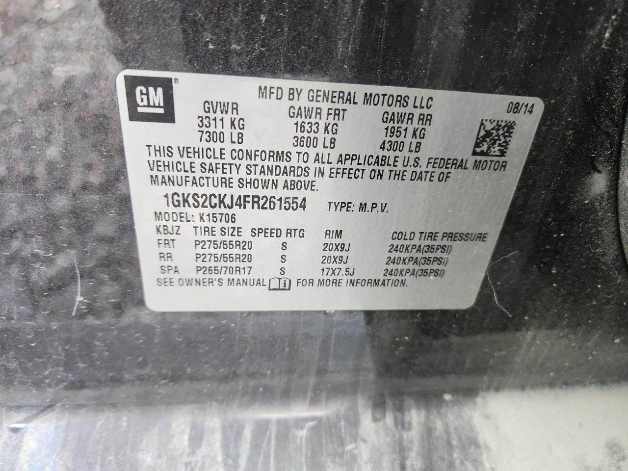 2015 GMC Yukon Denali VIN: 1GKS2CKJ4FR261554 Lot: 92128495