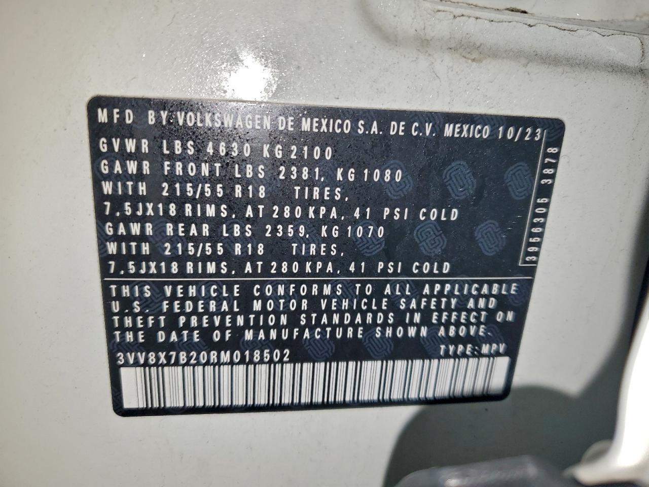 2024 Volkswagen Taos S VIN: 3VV8X7B20RM018502 Lot: 94424775