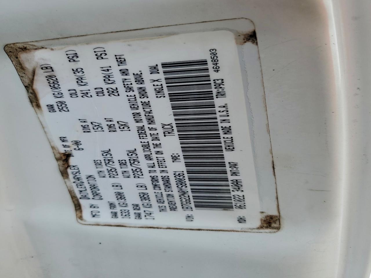 2000 Dodge Dakota VIN: 1B7GG22N0YS800361 Lot: 93912835