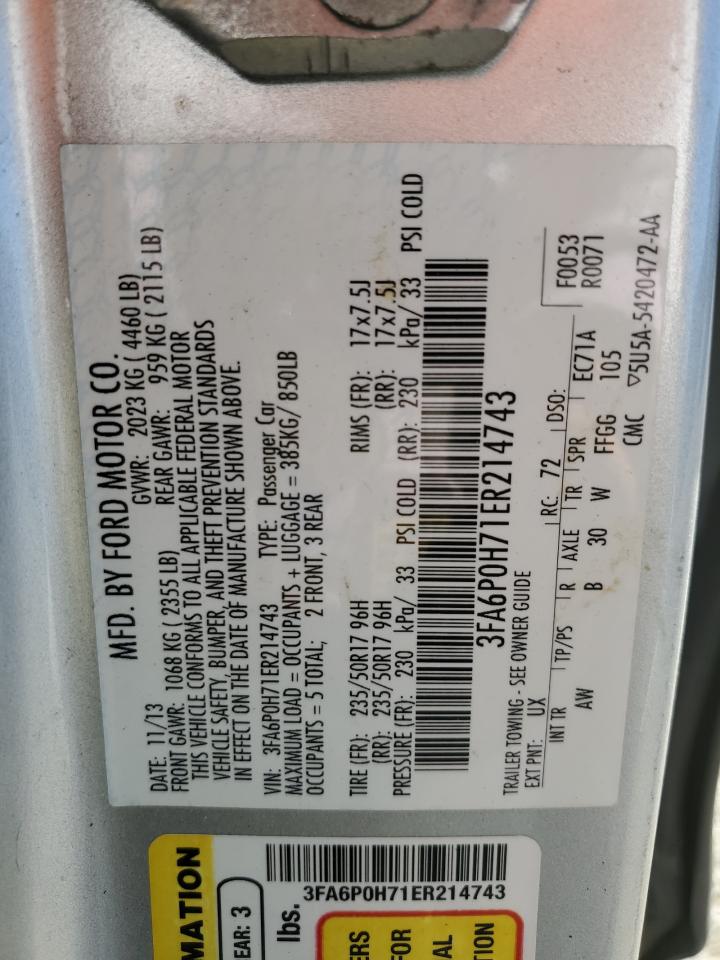 2014 Ford Fusion Se VIN: 3FA6P0H71ER214743 Lot: 91101075