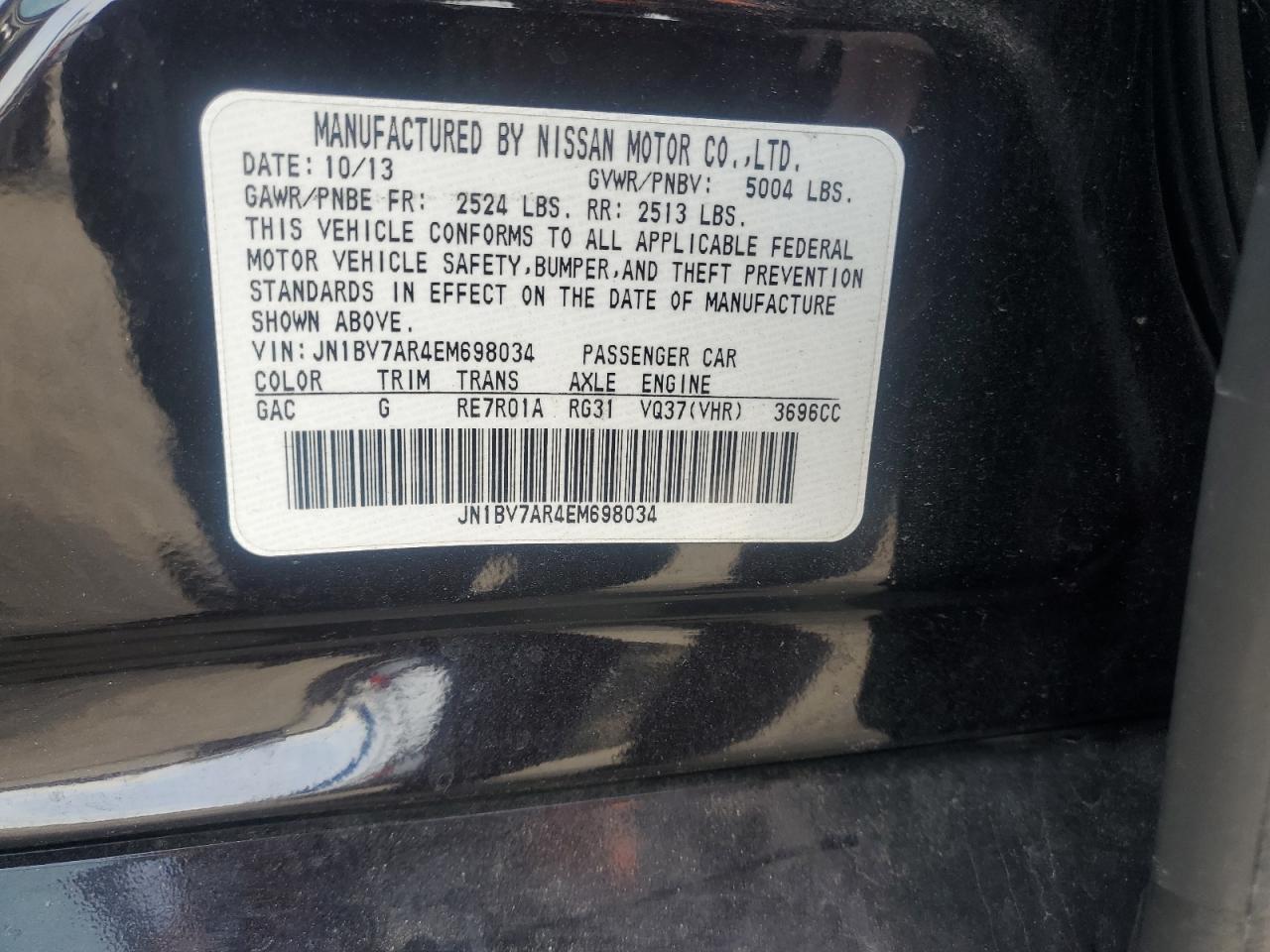 2014 Infiniti Q50 Base VIN: JN1BV7AR4EM698034 Lot: 92876975