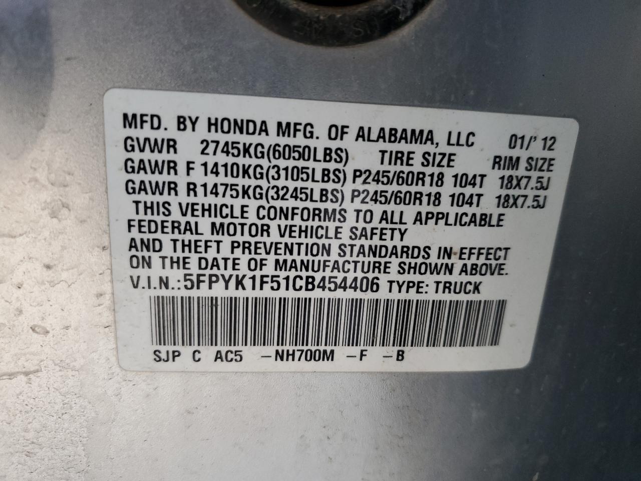 2012 Honda Ridgeline Rtl VIN: 5FPYK1F51CB454406 Lot: 86866865