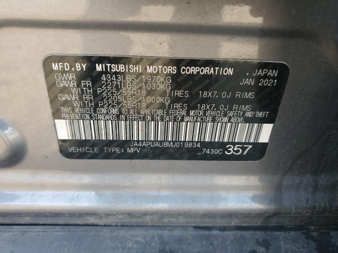 2021 Mitsubishi Outlander Sport Es VIN: JA4APUAU8MU019834 Lot: 91409055