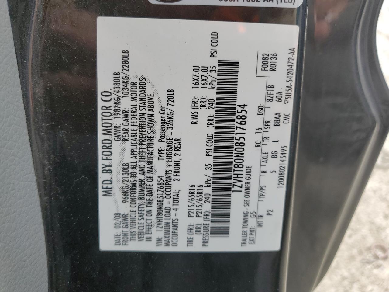 2008 Ford Mustang VIN: 1ZVHT80N085176854 Lot: 93175525