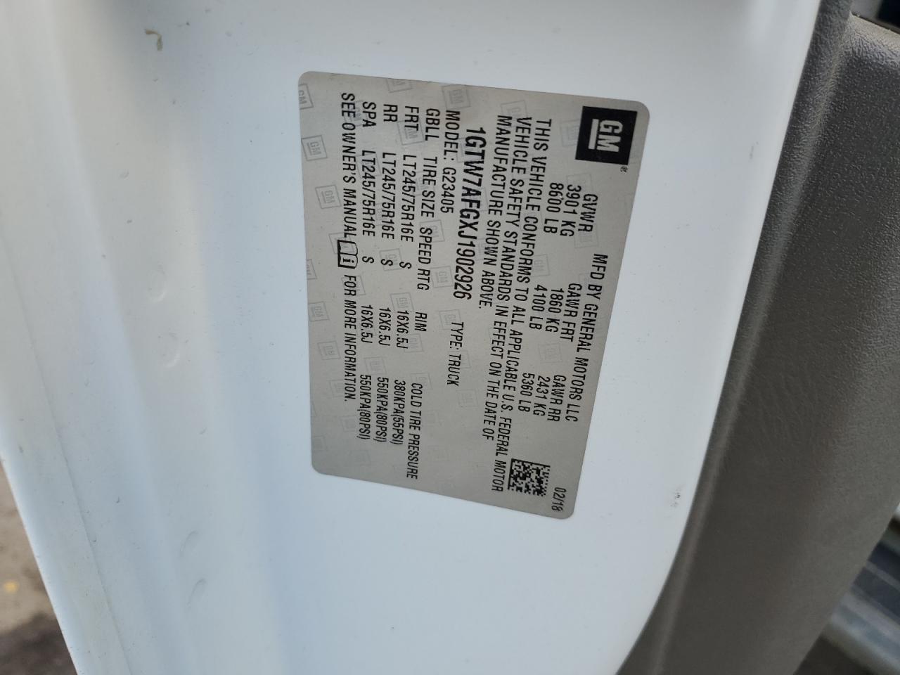 2018 GMC Savana Delivery Van VIN: 1GTW7AFGXJ1902926 Lot: 92101645