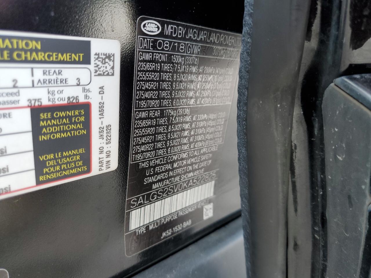 2019 Land Rover Range Rover Hse VIN: SALGS2SV0KA522825 Lot: 91713725