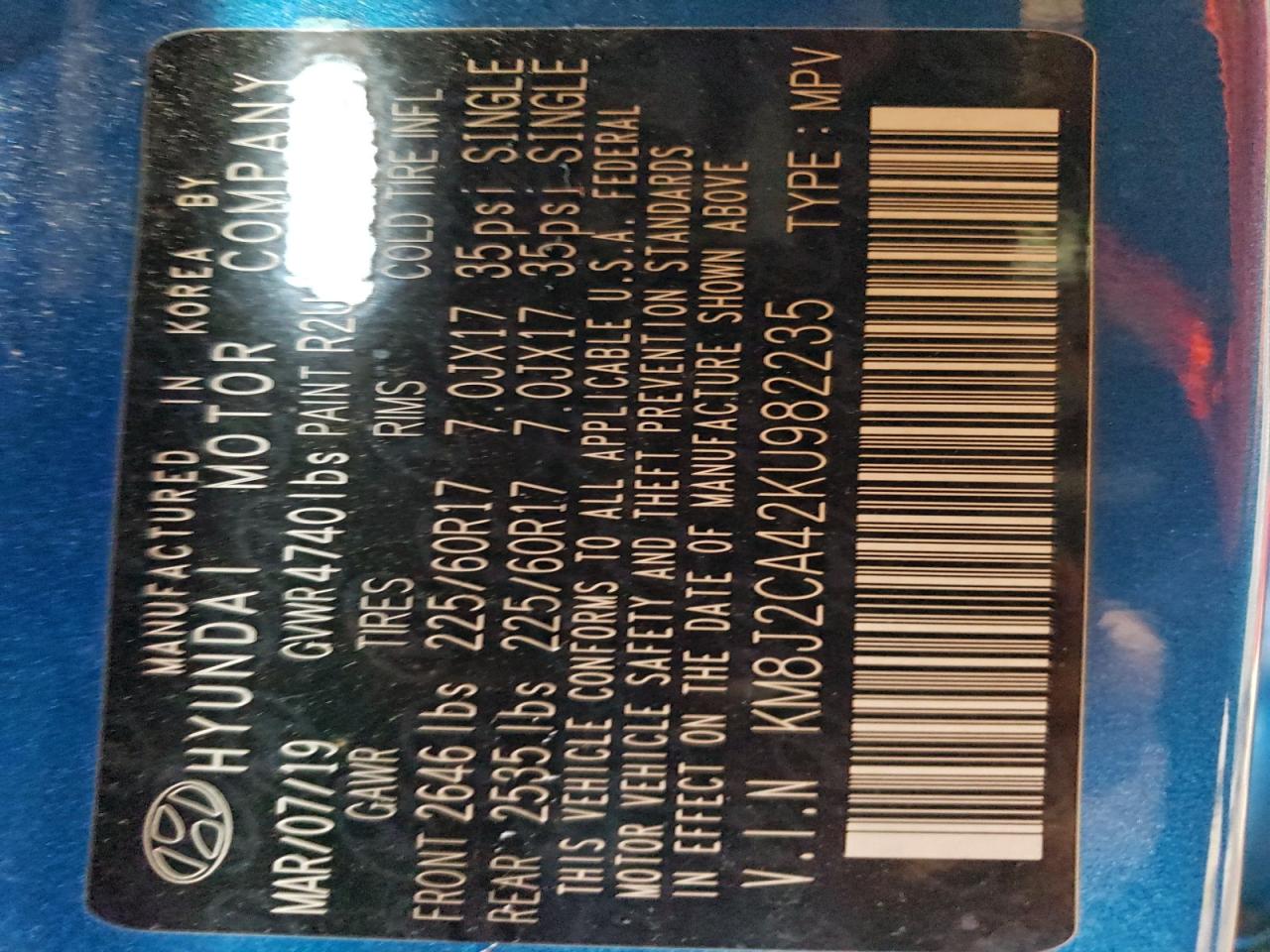 2019 Hyundai Tucson Se VIN: KM8J2CA42KU982235 Lot: 94572365