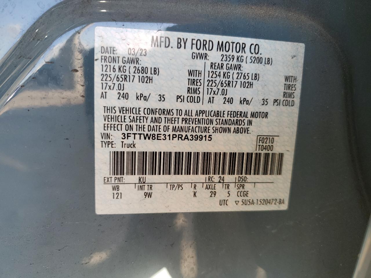 2023 Ford Maverick Xl VIN: 3FTTW8E31PRA39915 Lot: 93313455