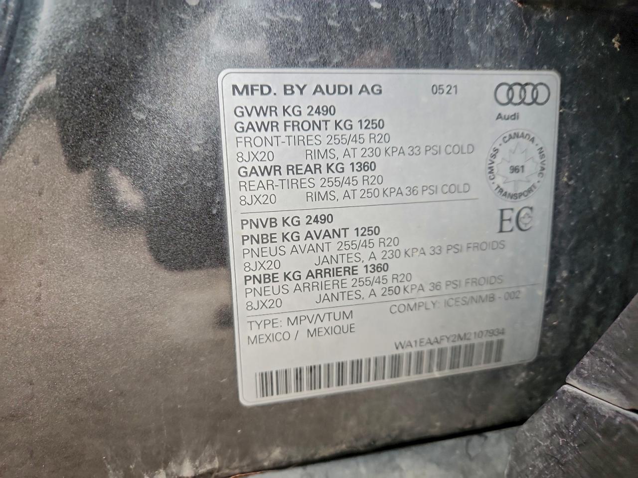 2021 Audi Q5 Progressiv VIN: WA1EAAFY2M2107934 Lot: 93893715