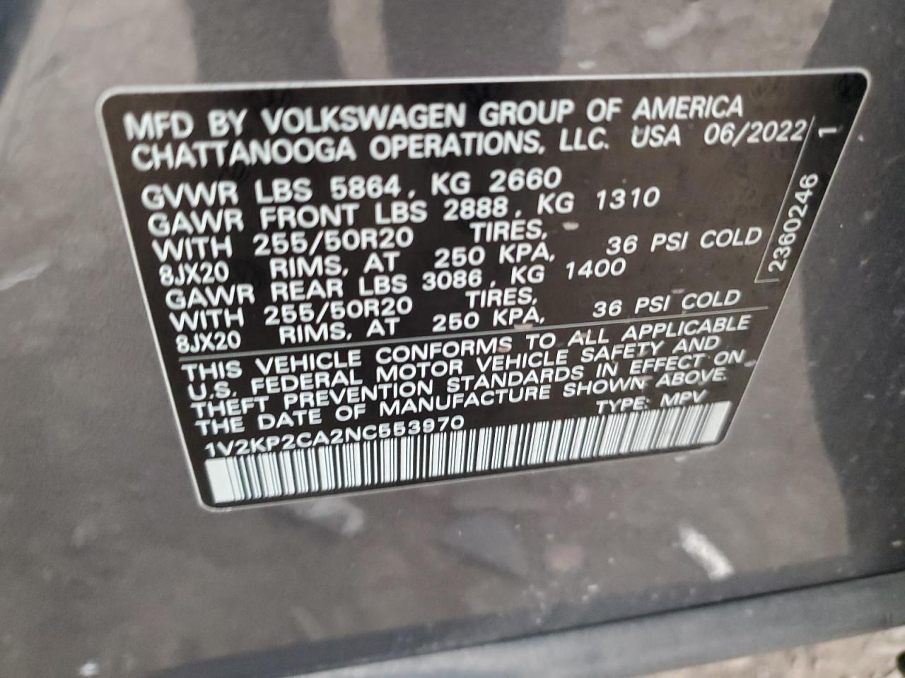 2022 Volkswagen Atlas Se VIN: 1V2KP2CA2NC553970 Lot: 91296915