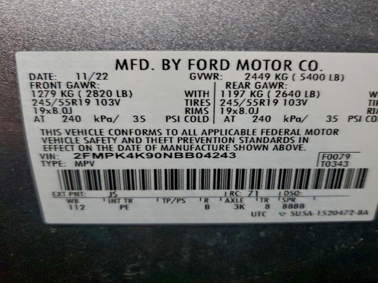 2022 Ford Edge Titanium VIN: 2FMPK4K90NBB04243 Lot: 95075675