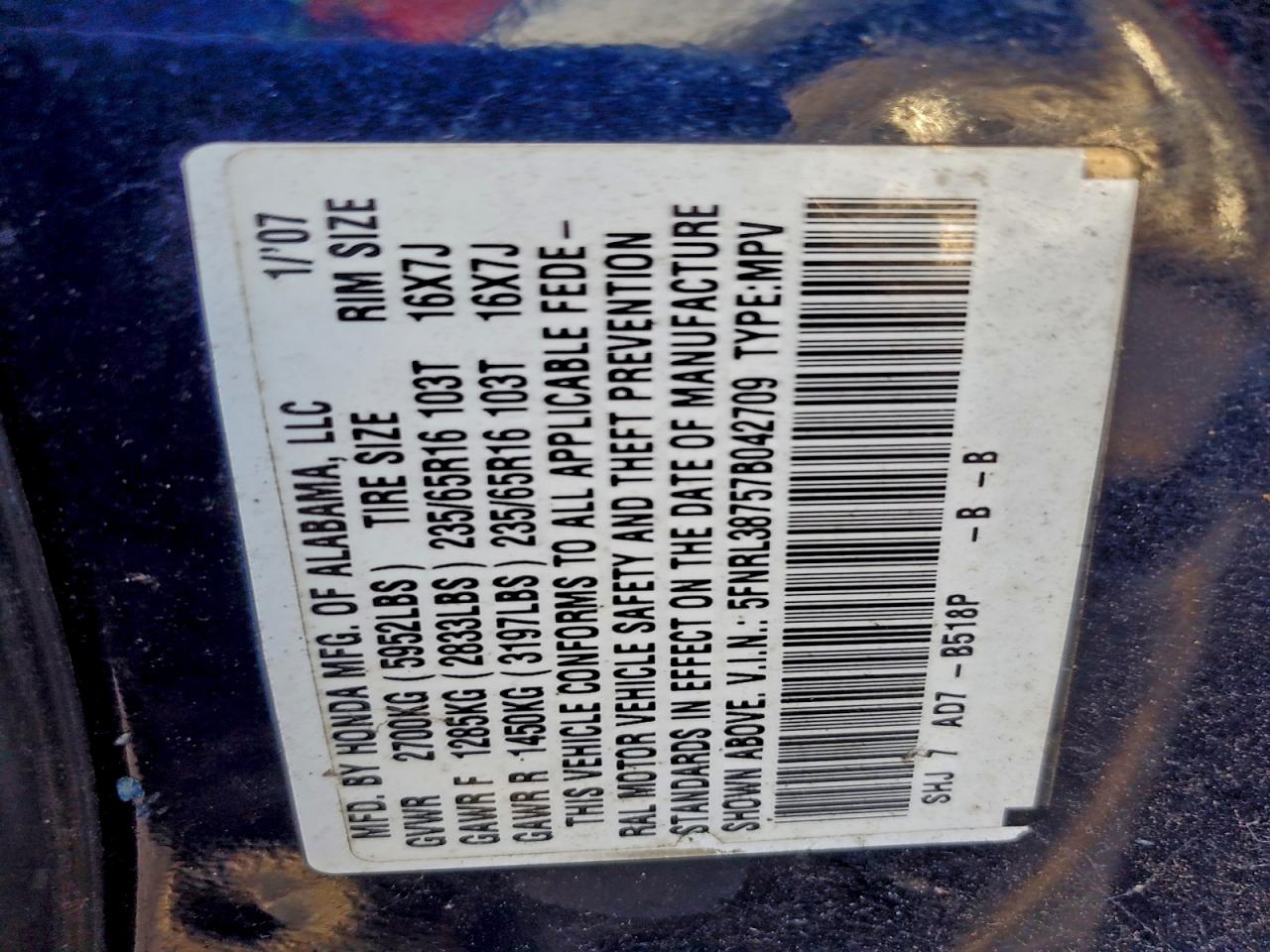 2007 Honda Odyssey Exl VIN: 5FNRL38757B042709 Lot: 93697425