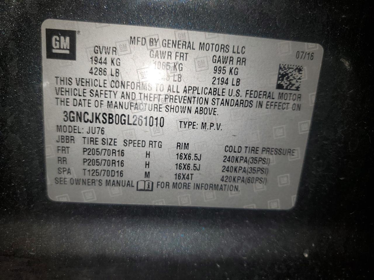 2016 Chevrolet Trax Ls VIN: 261010 Lot: 92762705