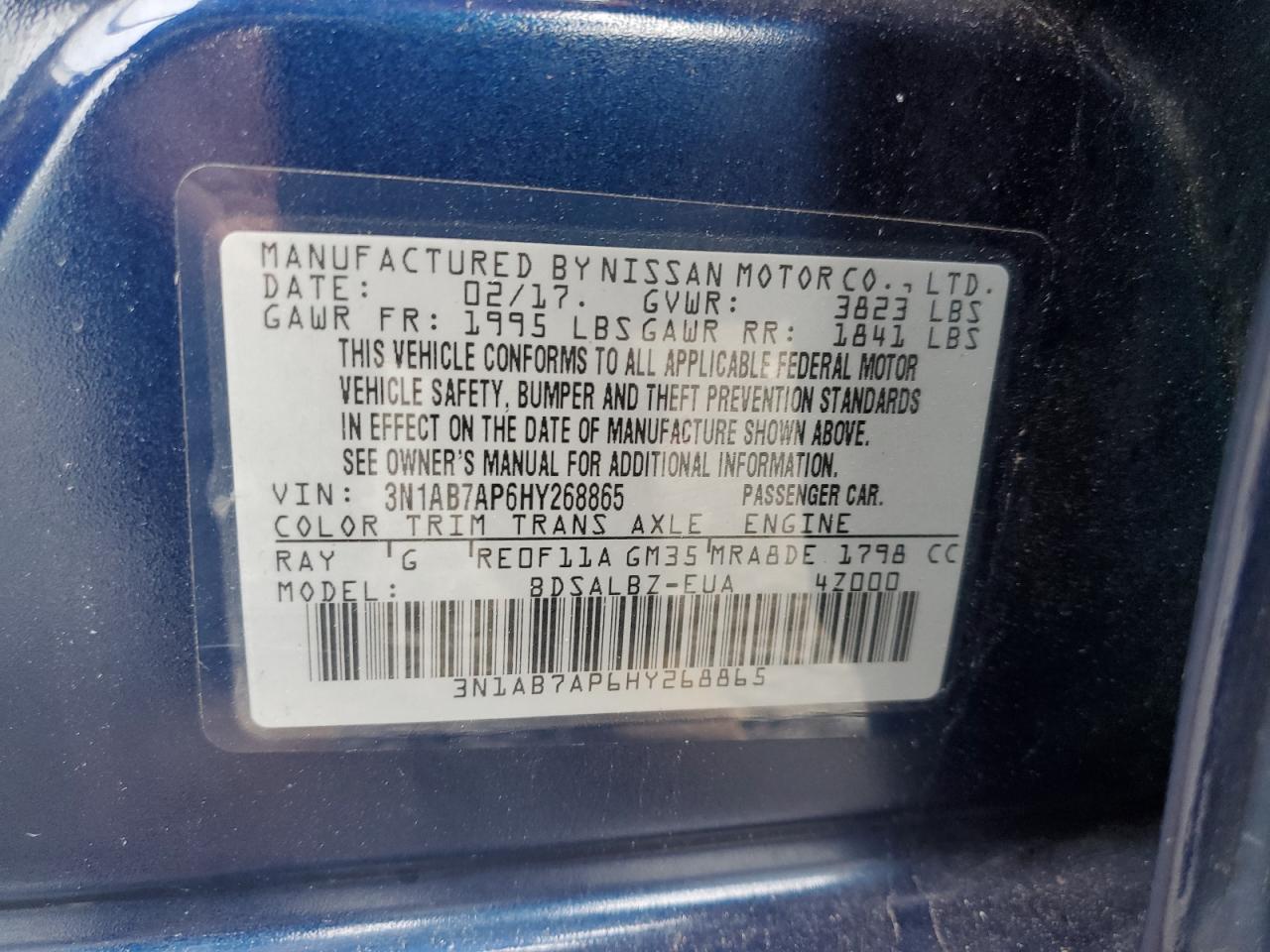 2017 Nissan Sentra S VIN: 3N1AB7AP6HY268865 Lot: 85960015