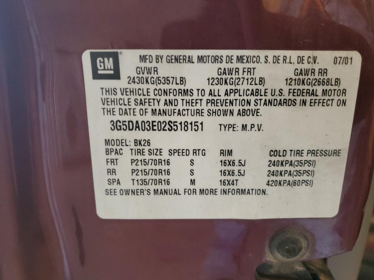 2002 Buick Rendezvous Cx VIN: 3G5DA03E02S518151 Lot: 93049615