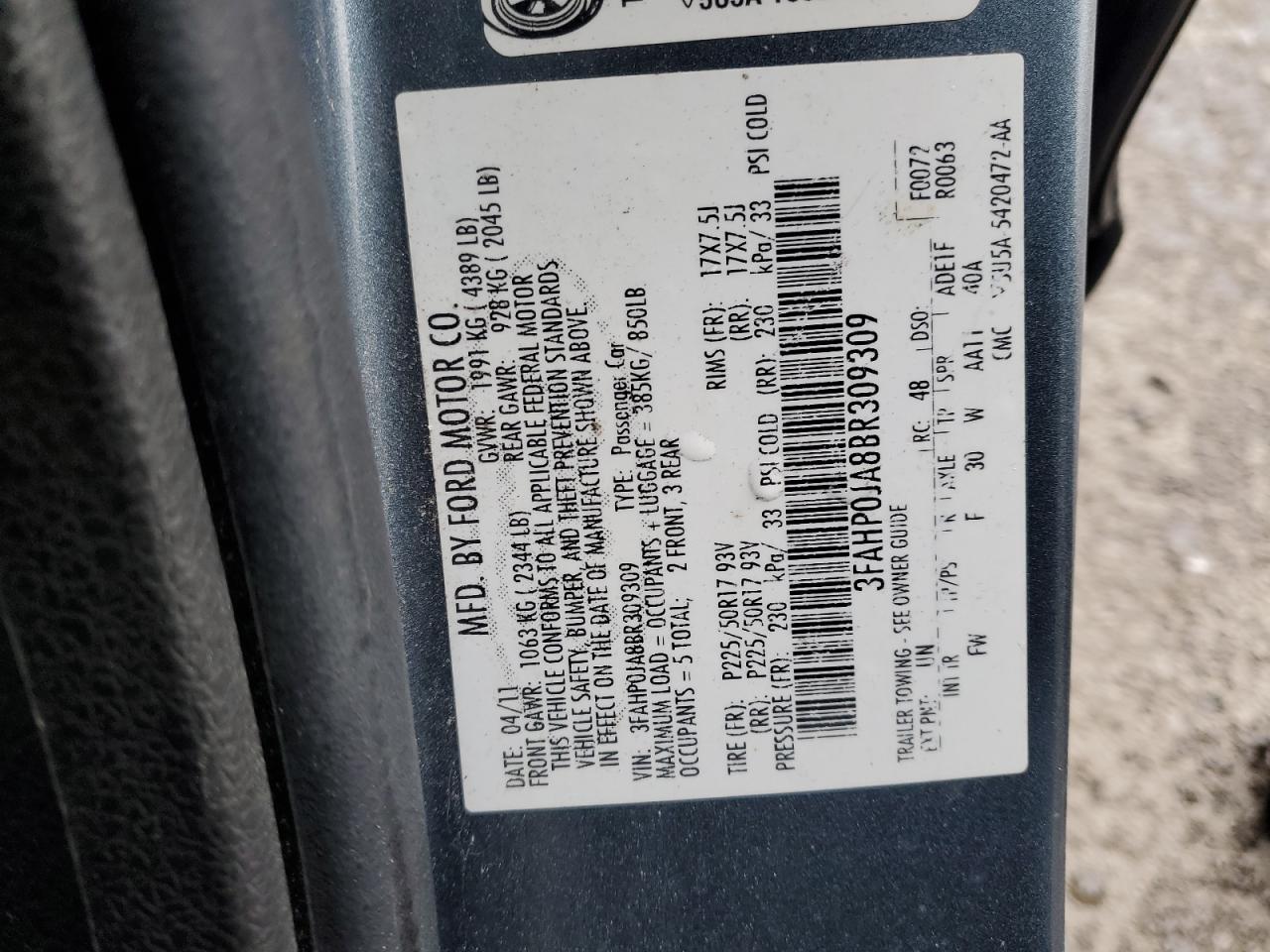 2011 Ford Fusion Sel VIN: 3FAHP0JA8BR309309 Lot: 92282475