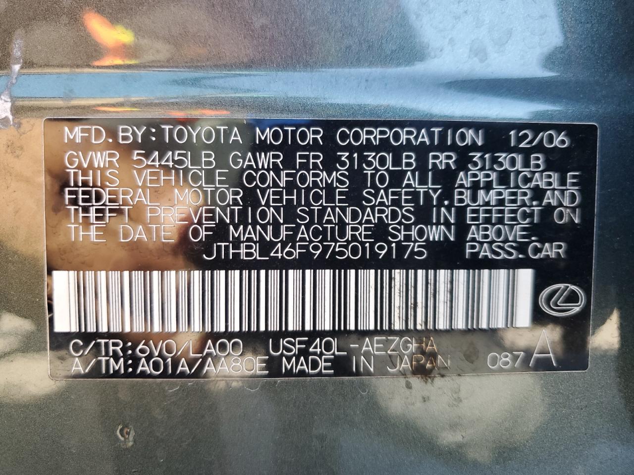 2007 Lexus Ls 460 VIN: JTHBL46F975019175 Lot: 92384285