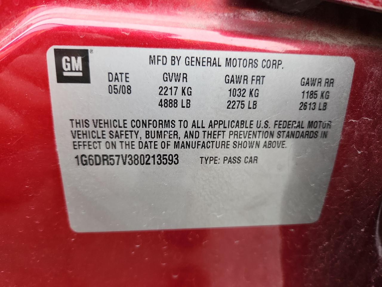 2008 Cadillac Cts Hi Feature V6 VIN: 1G6DR57V380213593 Lot: 92868135