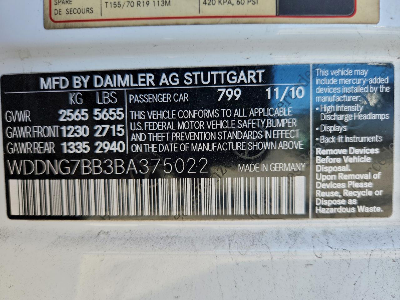 2011 Mercedes-Benz S 550 VIN: WDDNG7BB3BA375022 Lot: 94326195