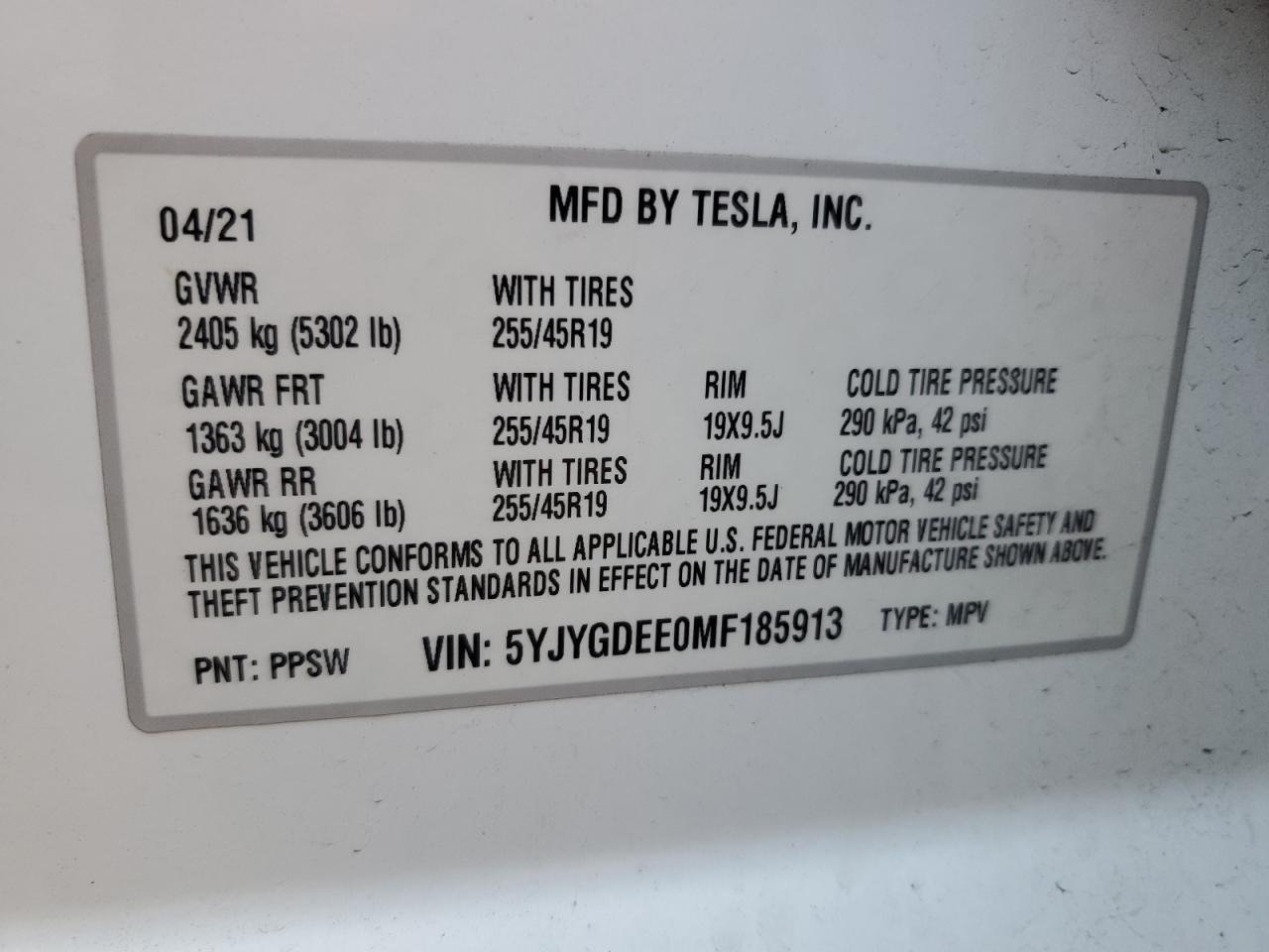 2021 Tesla Model Y VIN: 5YJYGDEE0MF185913 Lot: 91097905
